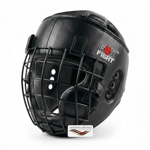 FOX-FIGHT Kopfschutz mit Metallgitterfront für Gesichtsschutz. Headguard aus echtem Leder mit Kopfdeckel. Boxhelm für Kampfsport, MMA, Boxen, Kickboxen & Sparring (schwarz, L/XL)