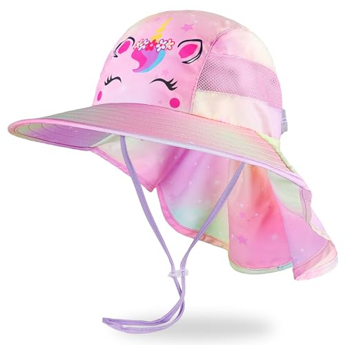 MHJY Sonnenhut Kinder Sonnenmütze Mädchen Hut Sommer UV Schutz 50 Mützen Einhorn Anglerhut Breite Krempe Kappe mit Nackenklappe Kleinkind 2-9 Jahre