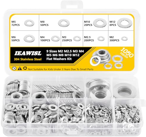 1050 Stück Unterlegscheiben Set, A2 V2A Edelstahl Karosseriescheiben Sortiment mit 9 Größen M2, M2.5, M3, M4, M5, M6, M8, M10, M12, Beilagscheiben für Schrauben & Muttern