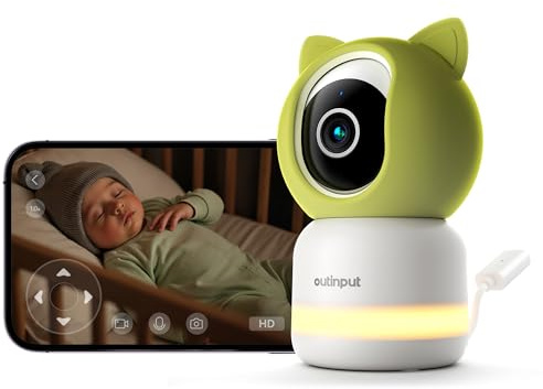 Outinput 2K/4MP WLAN Babyphone mit Kamera App, 360° Baby Monitor with Camera, Fütterungserinnerung, Schlaflieder, Farb-Nachtsicht,2-Wege-Audio, Nachtsicht, Bewegungs/Weinen/Temp/Feuchtigkeitserkennung