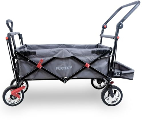 FUXTEC Bollerwagen faltbar FX-CT800 Grau mit Dach | Transportwagen klappbar | Schiebegriff & Innenraumverlängerung | Feststellbremse | Vollprofilreifen | Handwagen/Leiterwagen – Das Original