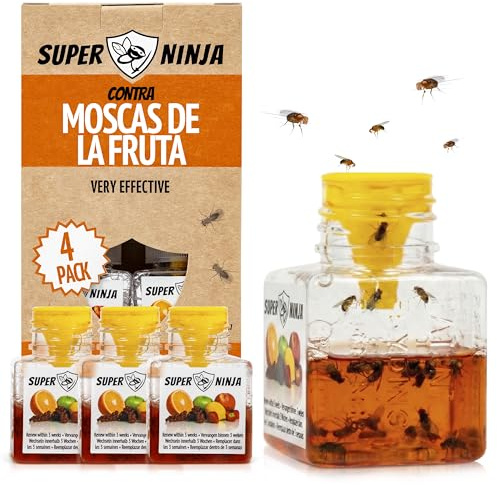 Super Ninja Fruchtfliegenfalle für Innenbereich – 4er-Pack, Wirksame Obstfliegenfalle für Haushalt und Küche, bis zu 3 Wochen Leistung pro Flasche, Kinder-und haustierfreundlich
