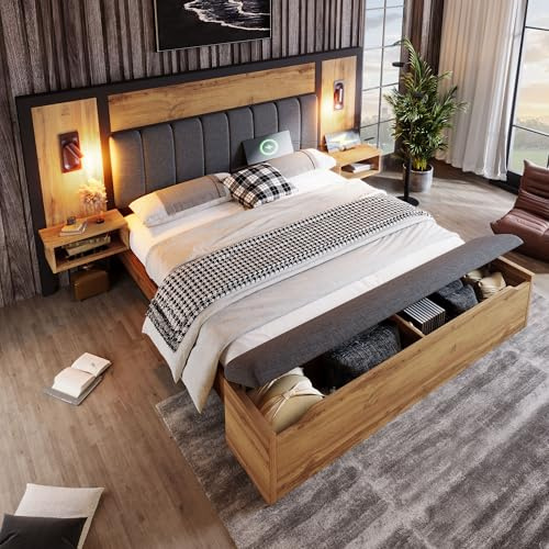 Doppelbett 180×200 cm, Polsterbett Bettanlage mit Leselampe und USB C Nachttisch und Sitzbank mit Stauraum, Funktionsbett Bettgestell mit Lattenrost aus Metall, Holz und Leinen, Ohne Matratze, Eiche