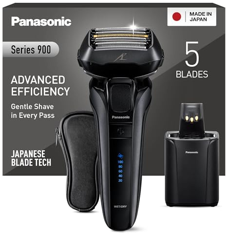Panasonic Series 900 Premium Nass- und Trocken Rasierer ES-LV9U, 5-fach-Scherkopf mit Linearmotor und Bartdichtensensor Technologie, Pop-up Trimmer, inklusive Reinigungs- und Ladestation, schwarz