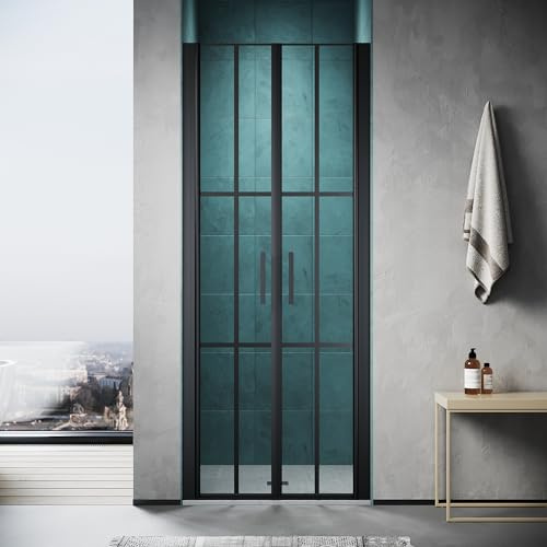 SONNI Duschtür 80x195CM Doppelschiebetür Mattschwarzes Gitter 5mm gehärtetes Glas Einseitige Nanobeschichtung Magnetische Dichtleiste