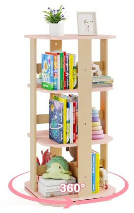 DREAMADE Kinder Bücherregal 360° drehbar, 3-stöckiges Drehregal mit 12 Fächern, bodenstehender Bücherturm aus Holz für Kinderzimmer, Spielzimmer,Kindergarten, Rosa