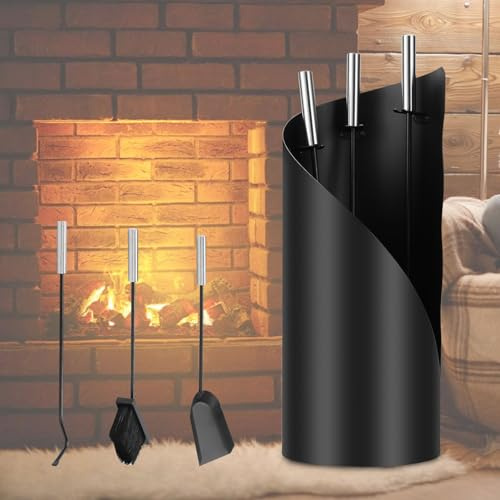 ISOISL Kaminbesteck, 4-teiliges Kaminbesteck Set, Kamingarnitur mit Besen, Schaufel, Eisenhaken, Ständer, Kaminwerkzeug mit Edelstahlgriffe, Kaminzubehör Modern Design, Ofenbesteck Schwarz