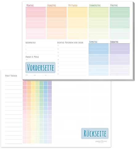 paper&you® A5 Wochenplaner Block [Rainbow] 50 Seiten inkl. Notizblock auf der Rückseite - klimafreundlich und nachhaltig