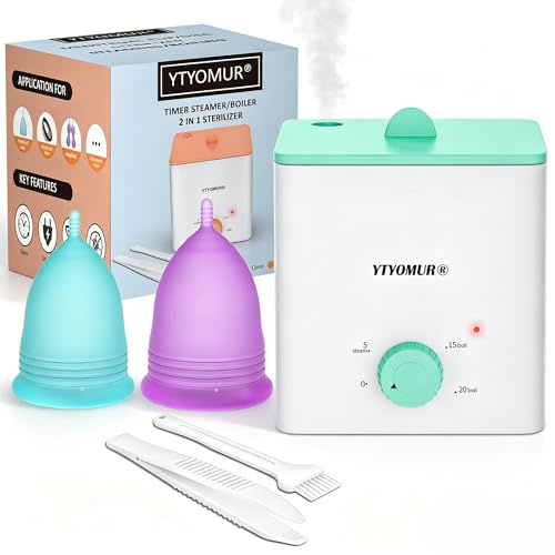 Menstruationstasse Dampfer Sterilisator mit 2 wiederverwendbaren Perioden Tassen, Menstruationstassen Reiniger Waschset, Auto Off Hochtemperatur Dampfsterilisation für Frauen Feminine Hygiene Pflege