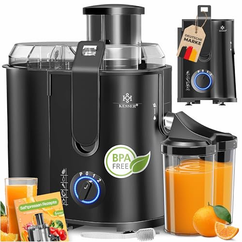 KESSER® Zentrifuge Entsafter für Obst | Gemüse aus Edelstahl 1100W, große Fütterungsröhre, 3 Stufen, Elektrische Zentrifugal Saftpresse Juicer + Bürste, Saftbehälter, Rezeptbuch, Schwarz