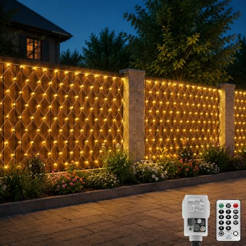 CORST 4.5X1.5M 200LED Lichternetz Außen für Büsche mit Stecker, Mesh Lichterkette Netz Baum Garten Außen Lichterkette, Grüner Draht,mit Fernbedienung und Timer 8Modi für Zimmer(Warmweiss)