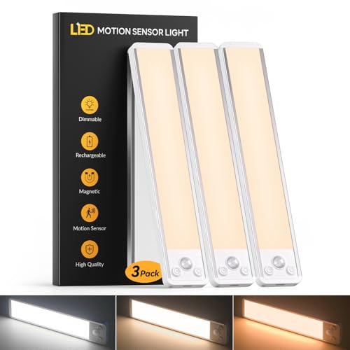 Schrankbeleuchtung Led Bewegungssensor 20CM, 3 Farben für Küche(3 Stück) | 2700-6000K, Dimmbare, Wiederaufladbare, Inkl. 2 USB-C Kabel, Magnetische, Bohrfrei, Aluminium, Küche/Kleiderschrank/Regal