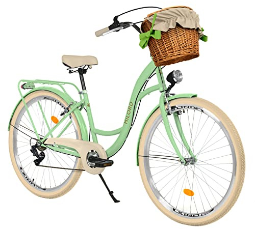 MILORD Damenfahrrad Citybike Komfort Mit Weidenkorb Hollandrad Vintage Fahrrad, 26, 28 Zoll, 7-Gang (Mintze, 28 Zoll)