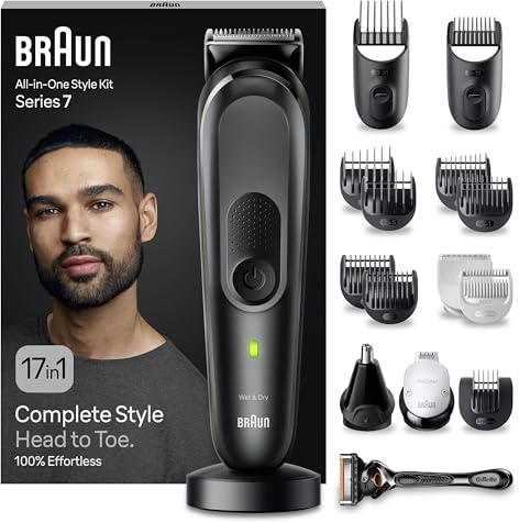 Braun All-In-One Trimmer-Set 7, 17-in-1 Multigroom, Barttrimmer, Nasenhaartrimmer, Haarschneidemaschine für Gesicht, Kopf und Körper, 100 Min Akku, 14 Längen (3–21 mm), Wasserdicht, MGK7491, Schwarz