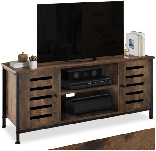 tectake® TV Lowboard, TV Kommode für Fernseher bis 55 Zoll,110 x 41,5 x 50,5 cm, Fernsehtisch, Regal mit Türen, Sideboard Holz + Metall, Wohnzimmer Möbel - Industrial Dunkelbraun