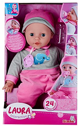 Simba 105140066 - Laura Interactiv, Weichkörperpuppe mit Schlafaugen, brabbelt bei Bewegung, trinkt von Flasche und schläft EIN, 40cm, Babypuppe ab 2 Jahre