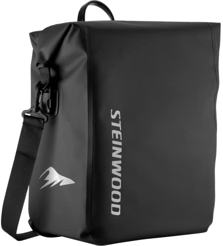 Steinwood Fahrradtasche Gepäckträger 20 L wasserdicht, Rolltop Packtasche | Wasserdichter Rollverschluss aus recycelten PET-Flaschen, für E-Bike, mit Reflektoren, als Umhängetasche mit Schultergurt