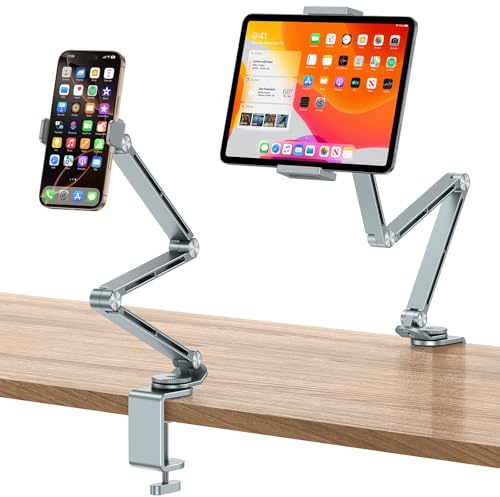 OMOTON Tablet Ständer mit 2 Klemmen für Handy & Tablet, Aluminium, Grau | 360° Drehbarer Tablet Halterung Tisch, Handyhalter mit Stabiler Arm für Schreibtisch & Küche, Passend für 4–13 iPad /iPhone