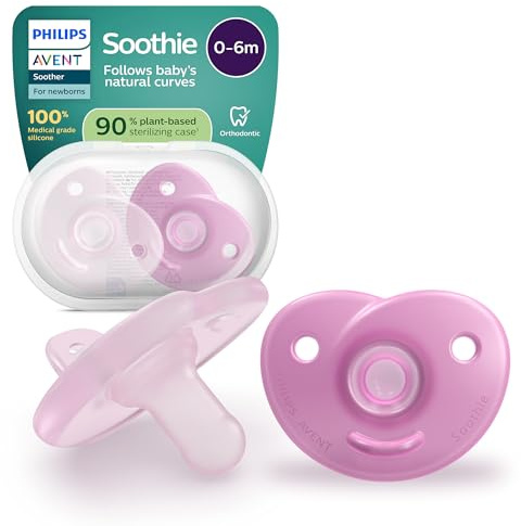 Philips Avent Soothie-Schnuller – einteiliges Silikondesign, für Neugeborene, flexibler Sauger, der den Druck auf Zähnen und Mund reduziert, BPA-frei, mit Sterilisationsbehälter, 2er-Pack, SCF099/27