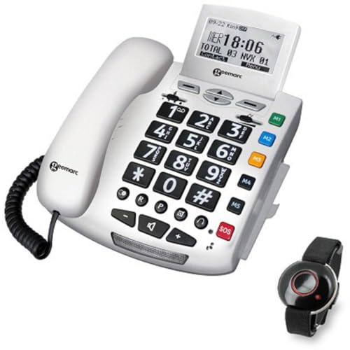 Geemarc Serenities - Verstärktes schnurgebundenes Telefon und wasserfestes SOS-Armband mit großen Tasten und starkem Klingelton für ältere Menschen - Geringer bis mittlerer Hörverlust - DE Version