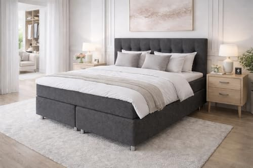 Tesla Dreams Boxspringbett 140x200 Ronda,7 Zonen Taschenfederkern-Matratze H2/H3, 5 Jahre Garantie, Topper Komfortschaum, Unterbau Taschenfederkern, Montage verfügbar, Anthrazit