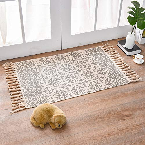 MORROWCAMP Boho Teppich klein 58 x 88 cm, Baumwolle Teppich Waschbar mit Quasten, Schmaler Kleiner Baumwollteppich für Wohnzimmer Schlafzimmer Flur, Handgewebter Boho Stil Teppich
