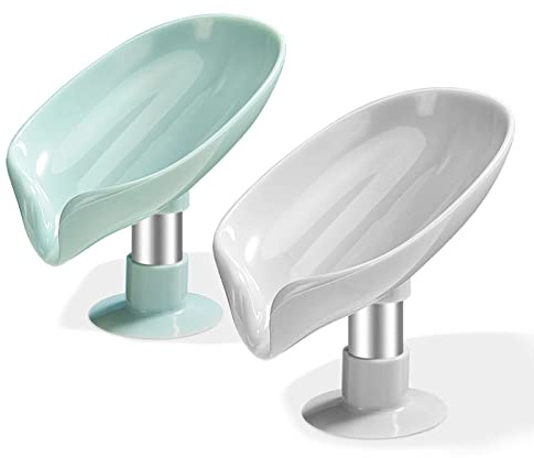 2 Stück seifenschale mit abfluss, Seifenhalter ohne Bohren ，festes Shampoo aufbewahrung，Seifenschale In BläTterform Küchenschwammhalter，Seifenschalen für die Dusche im Badezimmer (Grün und Grau