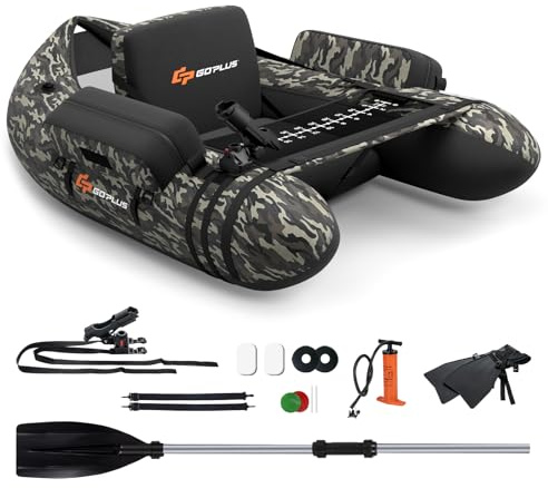 COSTWAY Aufbelasbares Schlauchboot, Angelboot mit Verstellbarer Rückenlehne, Fischerboot mit Pumpe, Paddel, Gurte, Bellyboat Paddelboot für Erwachsene, 150 kg Belastbar, 135 x 109 x 54cm (Tarnung)