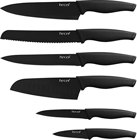 hecef 6‑teilig scharfes Messerset Set mit passenden Klingenschutzhüllen, schwarzoxidierten Klingen und Soft‑Touch‑Griffen, kratzfest und rostbeständig, für Küche und Camping