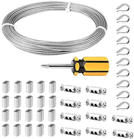 Drahtseil Set,30M/1.5mm Edelstahl Stahlseil mit Seilspann-Garnitur & Hülsen | Für Rankhilfe Kletterpflanzen/Vorhangseil/Lichterkette/Bilder aufhängen/DIY-Projekte/ Balkon/Garten/Außenbereich
