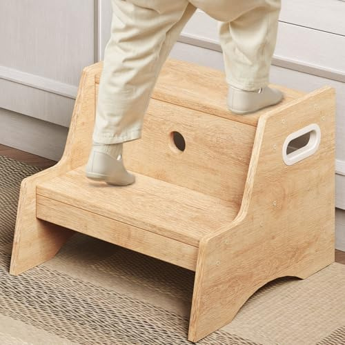 HOOBRO Tritthocker für Kinder mit 2 Stufen, Kinderhocker mit Griffen und Anti-Rutsch-Pads, Toiletten-Tritthocker Kinder, Kinderschemel, für Kinderzimmer, Küche, Bad, Holzfarbe ENL05JD01