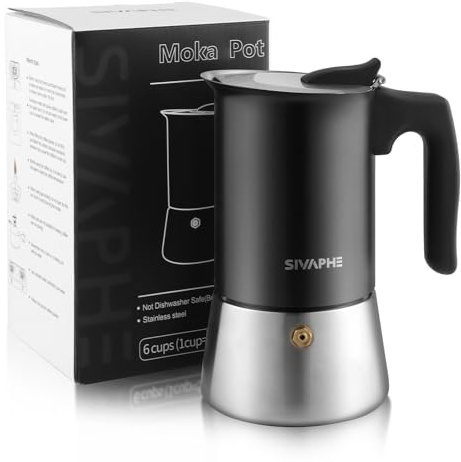 Sivaphe Espressokocher Induktion, Herd Espressomaschine, Edelstahl Espressokanne Mokkakanne Espresso Maker, Aluminiumfrei 6 Tassen 300ML Schwarz
