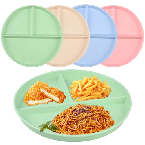 ALAHUGYEF 4 Stück Teller mit Unterteilung, 22,5 cm Portionsteller Set | Wiederverwendbar Geteilte Menüteller Geteilter Teller Mehrweg 3 Fächern, Mikrowellen & Spülmaschinenfest(4 Farben)