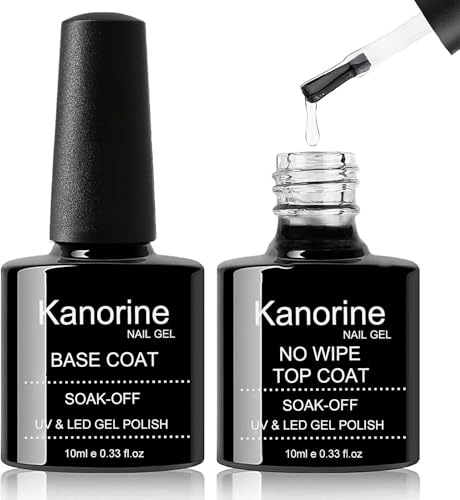 KANORINE Top Coat & Base Coat UV Gel Nagellack Set, 10ml x2, Hochglanz Langanhaltend Kratzfest Ohne Schwitzschicht für Nagelstudio & DIY Home