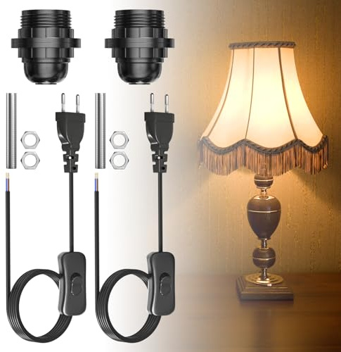 Lamptobe DIY E27 Lampenfassung Kit Für Tischlampen Und Hängelampen E27 Mit Schalter Und Gewindestange,e27 Fassung Mit 1.8M Kabel DIY Lampenfassung-Schwarz 2er Pack