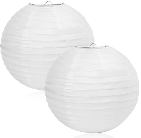 2 Stück Lampenschirm Rund Weiß, Papier-Laterne mit Bambus-Optik & Rippenstruktur – Klassischer Deko-Lampion für Garten, Party & Hochzeit (Ø30 cm / 12″)