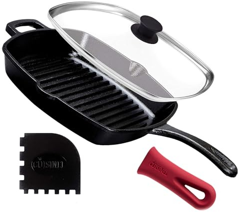 cuisinel Quadratische Grillpfanne aus Gusseisen mit Glasdeckel Vorgewürzte Pfanne mit Griffabdeckung und Pfannenschaber - Grill, Kochfeld, Induktionssafe Schwarz 10,5-Zoll-Quadrat-Grillpfanne