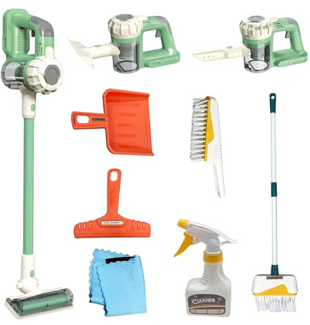 BAYMI Kinder Staubsauger, die wirklich funktioniert 9Pcs Aged 3+ Reinigung Set für Kleinkinder Spielzeug Cleaner Kinder Besen und Kehrblech Set Schrubber Bürsten Junge Mädchen Geschenke (950Grün)