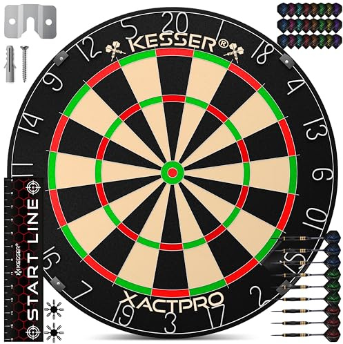 KESSER® Profi Dartscheibe Sisal – Steeldart Dartboard Set 9 Pfeilen mit Metallspitze, 24 Pro Flights & Zubehör, selbstheilend, Wandmontage, Steeldartscheibe Dartboard, inkl. Montageset