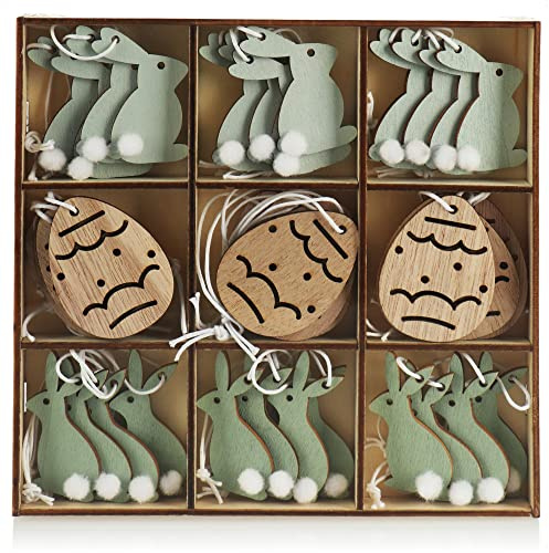com-four® 36x Dekoaufhänger Ostern - Osterschmuck aus Holz zum Aufhängen - Holzaufhänger für den Osterstrauß - Hasen und Eier (36 Stück - Ostermix - grün)