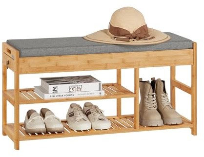 SoBuy Bambus-Schuhbank, 2 Schubladen, 2 Ablagen, 90×45×30 cm, bis 150 kg | 2 Schubladen für Schuhpflege, 2 offene Schuhablagen, Stiefelfach, natürlicher Bambus, wasser- und schmutzabweisend