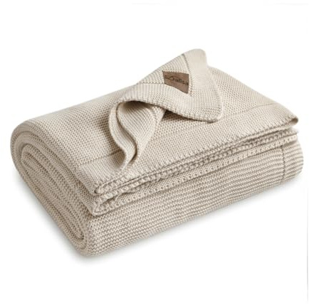 Dalisa 100% Baumwolle Strickdecke Naturbeige 130x150 cm – GOTS-Zertifiziert, weich & gemütlich, vorgewaschen, waschmaschinengeeignet, in Geschenkbox.