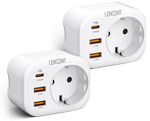 LENCENT 2 Stück USB Steckdose Mehrfachstecker mit 1 PD & 2 QC USB 3,0 | EU Adapter, Schnellladung Anschlüße, Wand Steckdose Schuko 4000W Stromadapter Stecker für Phone und Haushaltsgeräte