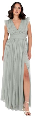 Anaya with Love Damen Women's Maxi Dress Ladies V-Neck Short Sleeve Split Tulle A-line for Wedding Guest Bridesmaid Evening Occasion Ball Gown Dress (1er Pack)