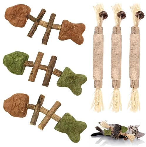 DBAILY 6 Stück Katzenminze Spielzeug, 3 katzenminze Sticks, 3 Katzen Kauhölzer Sticks, für Katzen Zahnpflege & Gegen Mundgeruch, Katzenspielzeug, Katzen Zahnpflege