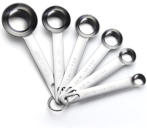 6-teiliges Messlöffel-Set Edelstahl runder robuster Spiegel, poliert 1/8 TSP, 1/4 TSP, 1/2 TSP, 1 TSP, 1/2 TBLS & 1 TBLS Messlöffel zum Backen von Speisen Silber