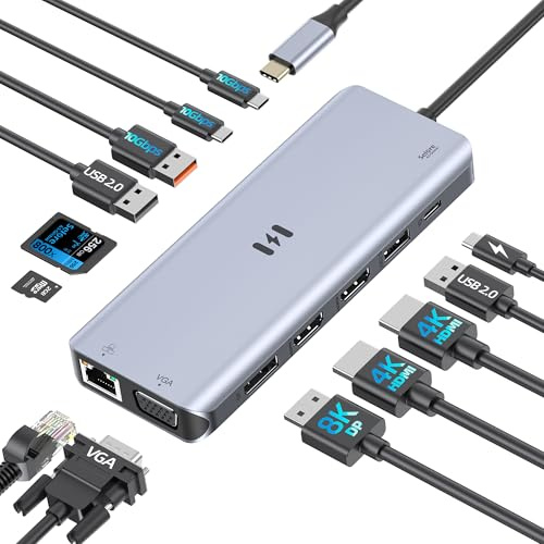 USB C DockingStation 4 Monitore, 13 in 1 Laptop Docking Station Vierfach-Monitor Dual HDMI DisplayPort VGA, 10Gbps USB A&C 3.1, 100W PD, Ethernet SD/microSD, USB C Hub für MacBook Dell Hp
