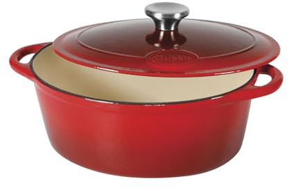 Sitram 717175 Tradifonte Ovaler Bräter aus emailliertem Stahlguss, 6,5 l – L 33 cm – außen rot, innen weiß – Deckel aus Edelstahl – alle Wärmequellen einschließlich Induktion und Backofen