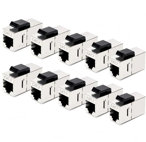 10 Stück Cat7 Keystone RJ45 Kupplung 10Gbps 600MHz Werkzeugfrei, Geschirmt | Netzwerkkabel Verbinder Vollmetall, 360° EMI-geschirmt, Abwärtskompatibel (Cat6A/Cat6/5e) & PoE/PoE++, For Patch Panel