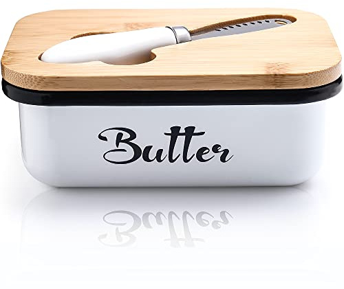 Edelstahl Butterglocke mit Holzdeckel und Multifunktionales Buttermesser - Große Butterbox für 250g Butter, geeignet für Haushalt und Küche (Weiß)